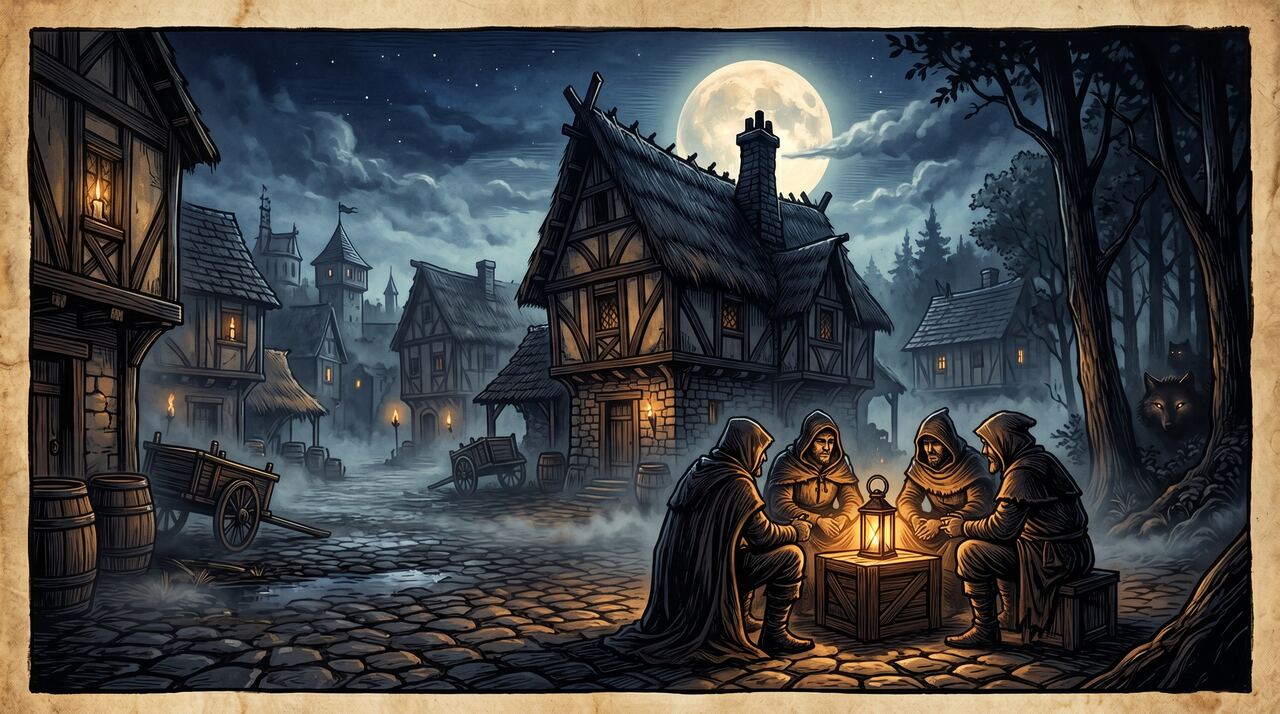 A hooded gathering in a misty Mirefall village at dusk