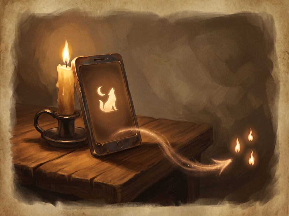 A candle-lit phone on a wooden table, glowing with a wolf-moon emblem and three trailing flames
