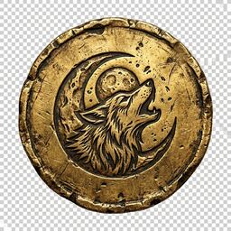 An engraved gold coin stamped with a wolf-and-moon glyph